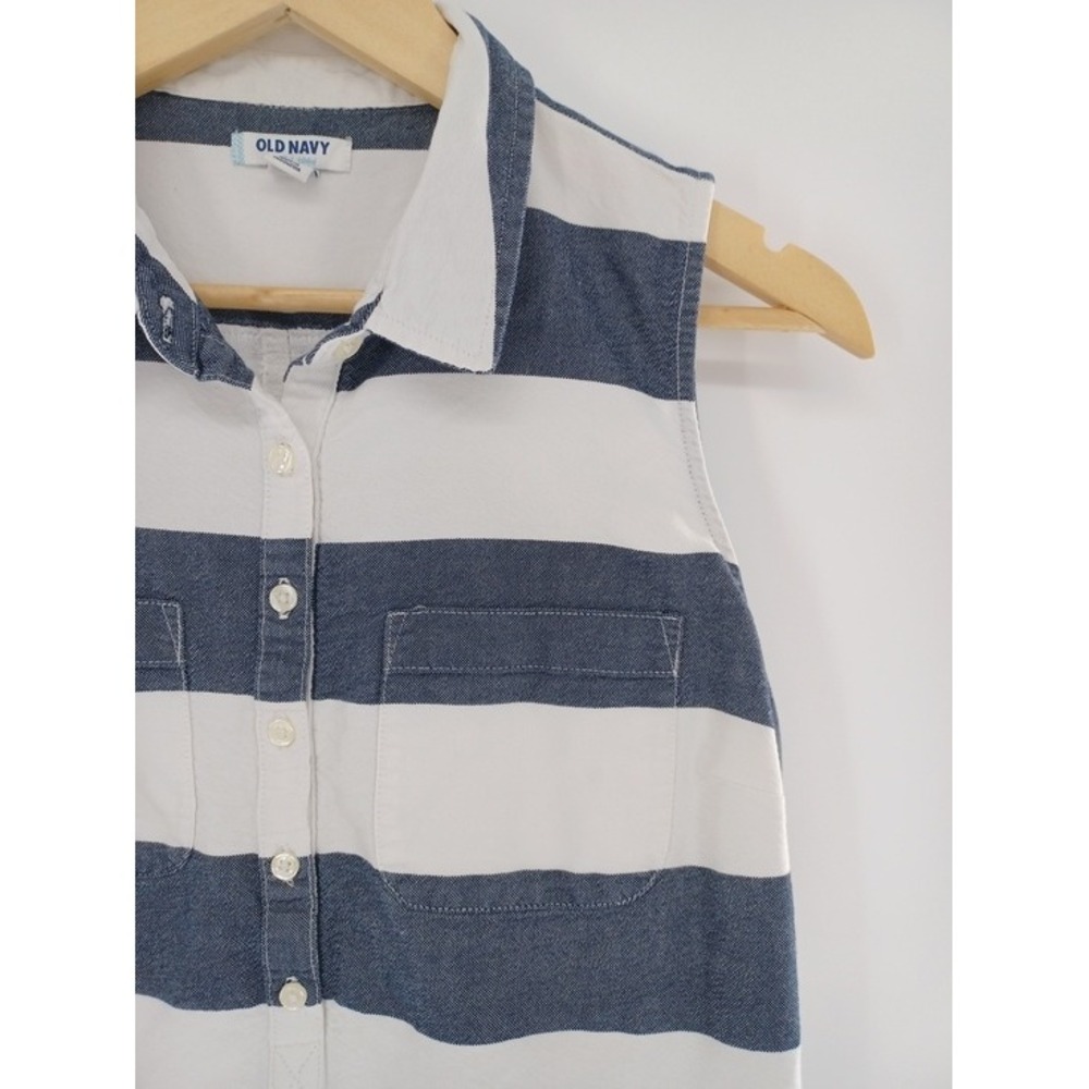 Old Navy Shirt Dress Women M Blue White Striped Sleeveless Cotton Nautical Beach - Picture 3 of 8